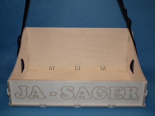 JGA Holz Bauchladen hell Birke mit Beschriftung